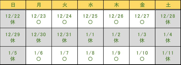 年末年始の営業日程カレンダー