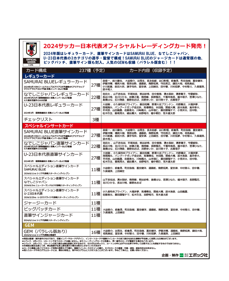 EPOCH 2024 サッカー日本代表オフィシャルトレーディングカード<br/>スペシャルエディション