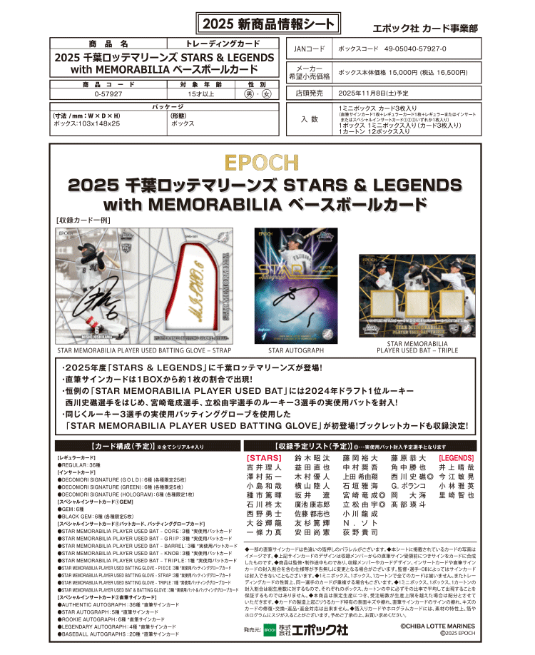 EPOCH 2025 千葉ロッテマリーンズ<br/>STARS & LEGENDS with MEMORABILIA<br/>ベースボールカード
