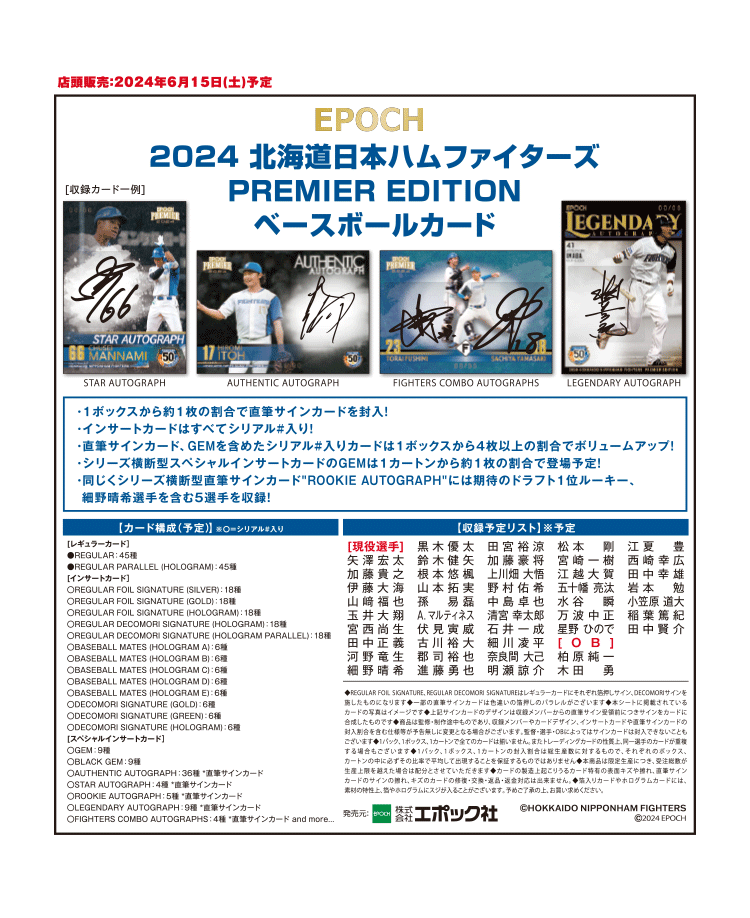 EPOCH 2024 北海道日本ハムファイターズ<br/>PREMIER EDITION ベースボールカード