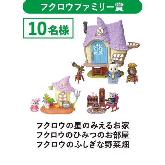 フクロウファミリー賞　フクロウの星のみえるお家・フクロウのひみつのお部屋・フクロウのふしぎな野菜畑　10名様