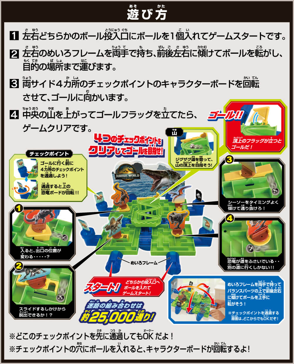遊び方：１：左右どちらかのボール投入口にボールを１個入れてゲームスタートです。２：左右のめいろフレームを両手で持ち、前後左右に傾けてボールを転がし、目的の場所まで運びます。３：両サイド４カ所のチェックポイントのキャラクターボードを回転させて、ゴールに向かいます。４：中央の山を上がってゴールフラッグを立てたら、ゲームクリアです。