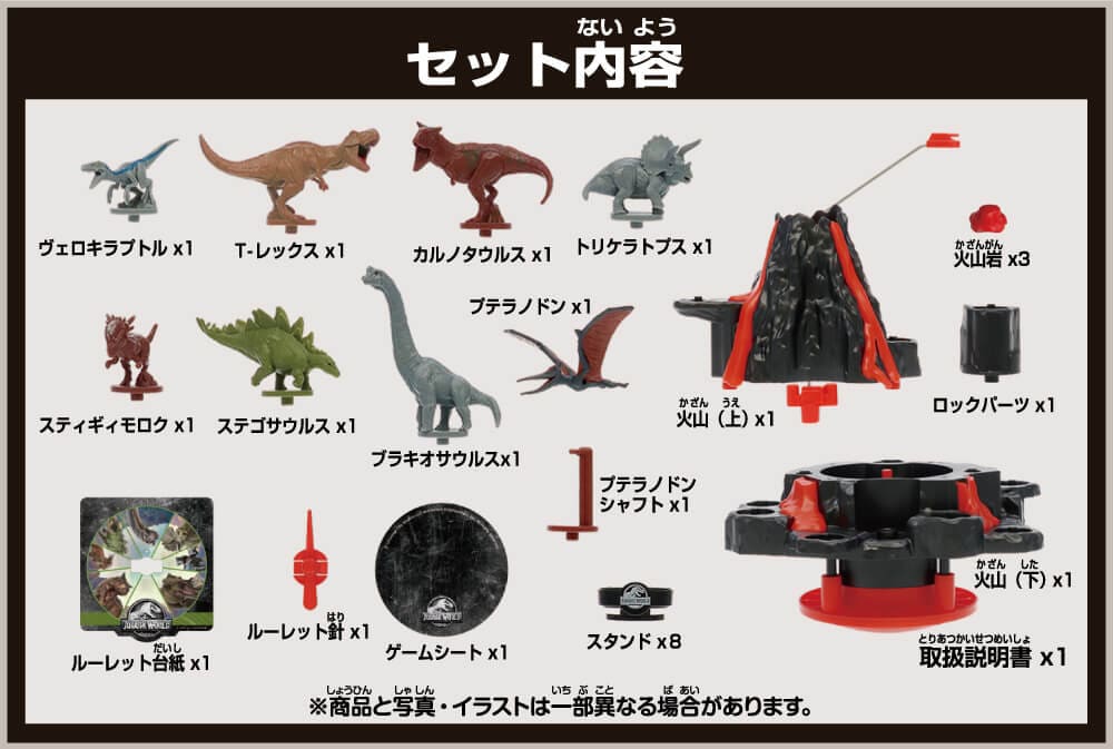 セット内容：恐竜×8、プテラノドンシャフト×1、スタンド×8、火山（上）×1、火山（下）×1、ロックパーツ×1、火山岩×3、ルーレット台紙×1、ルーレット針×1、ゲームシート×1、説明書×1