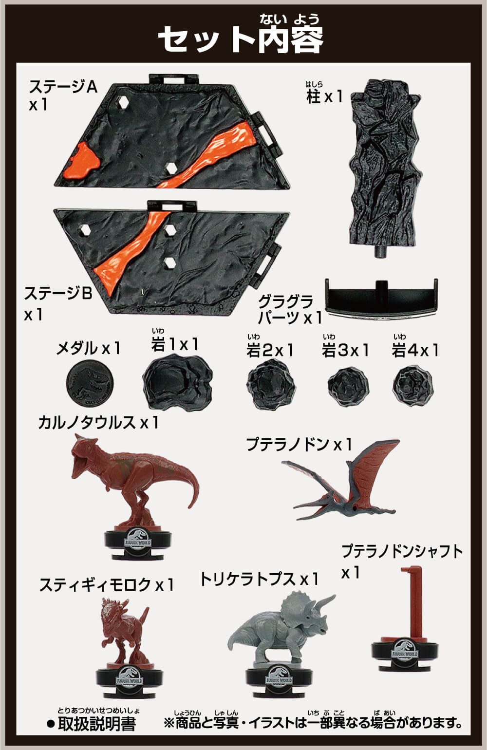 セット内容：ステージ（A）×1、ステージ（B）×1、柱×1、グラグラパーツ×1、メダル×1、アイテムパーツ×4、恐竜×4、プテラノドンシャフト×1、説明書×1