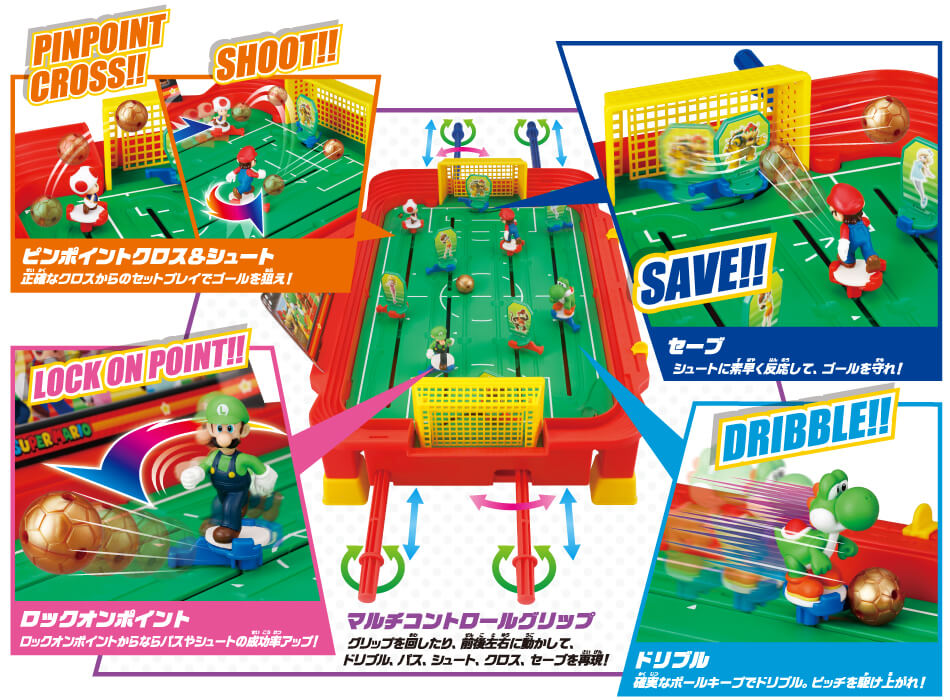 マルチコントロールグリップ：グリップを回したり、前後左右に動かして、ドリブル、パス、シュート、クロス、セーブを再現！ピンポイントクロス&シュート：正確なクロスからのセットプレイでゴールを狙え！ロックオンポイント：ロックオンポイントからならパスやシュートの成功率アップ！ドリブル：確実なボールキープでドリブル。ピッチを駆け上がれ！セーブ：シュートに素早く反応して、ゴールを守れ！