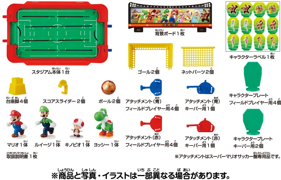 スタジアム本体×1、背景ボード×1、ゴール×2、ネットパーツ×2、台座脚×4、スコアスライダー×2、ボール×2、マリオ×1、ルイージ×1、キノピオ×1、ヨッシー×1、アタッチメント(青)フィールドプレイヤー用×4、アタッチメント(青)キーパー用×1、アタッチメント(赤)フィールドプレイヤー用×4、アタッチメント(赤)キーパー用×1、キャラクタープレート フィールドプレイヤー用×4、キャラクタープレート キーパー用×2、キャラクターラベル×1、取扱説明書×1