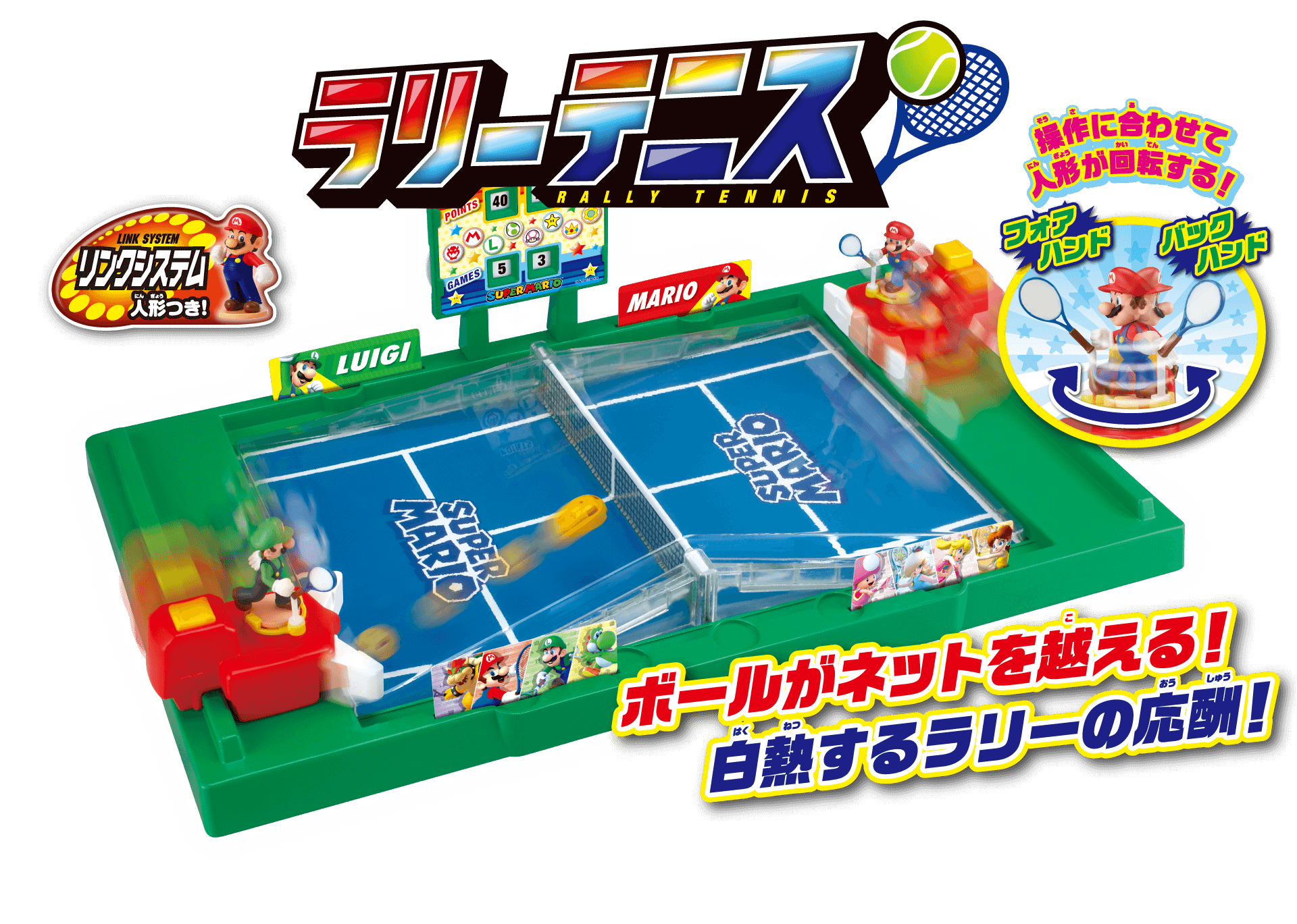 新開発のアクション・スポーツゲーム！マリオとルイージが、テニスで対戦！ボタンを押すだけの簡単ショットで、誰でも楽しく、テニスの対戦プレイが楽しめます！