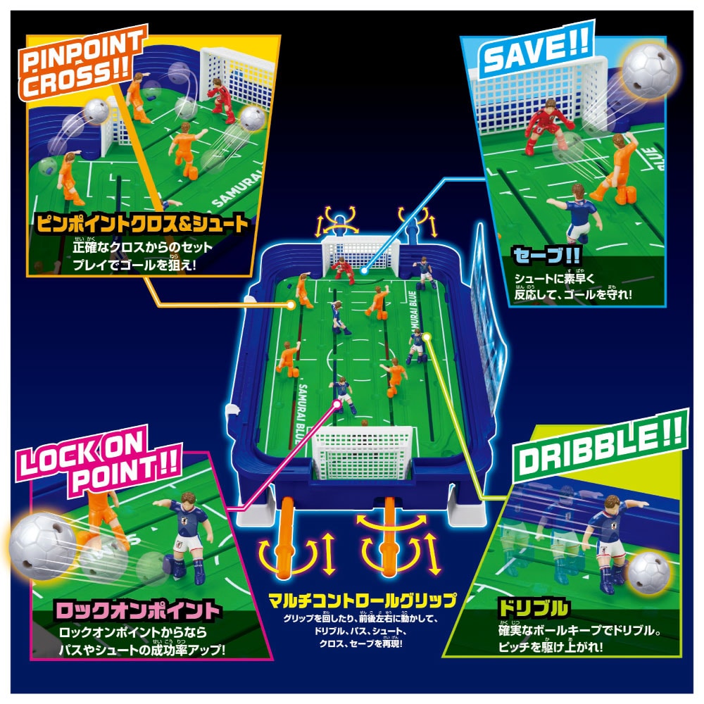ピンポイントクロス&シュート：正確なクロスからのセットプレイでゴールを狙え！セーブ：シュートに素早く反応してゴールを守れ！ロックオンポイント：ロックオンポイントからならパスやシュートの成功率アップ！ドリブル：確実なボールキープでドリブル。ピッチを駆け上がれ！マルチコントロールグリップ：グリップを回したり、前後左右に動かして、ドリブル、パス、シュート、クロス、セーブを再現！