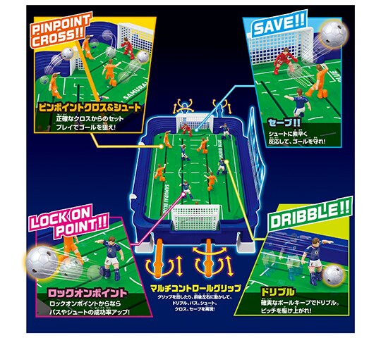 ピンポイントクロス&シュート：正確なクロスからのセットプレイでゴールを狙え！セーブ：シュートに素早く反応してゴールを守れ！ロックオンポイント：ロックオンポイントからならパスやシュートの成功率アップ！ドリブル：確実なボールキープでドリブル。ピッチを駆け上がれ！マルチコントロールグリップ：グリップを回したり、前後左右に動かして、ドリブル、パス、シュート、クロス、セーブを再現！
