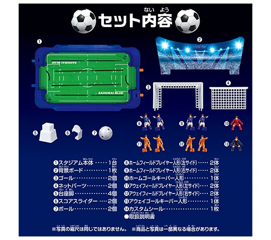 セット内容：スタジアム本体×１、背景ボード×１、ゴール×２、ネットパーツ×２、台座脚×４、スコアスライダー×２、ボール×２、フィールドプレーヤー人形青×４、フィールドプレーヤー人形赤×４、ゴールキーパー人形赤×１、ゴールキーパー人形黒×１、カスタムシール×１、取扱説明書×１