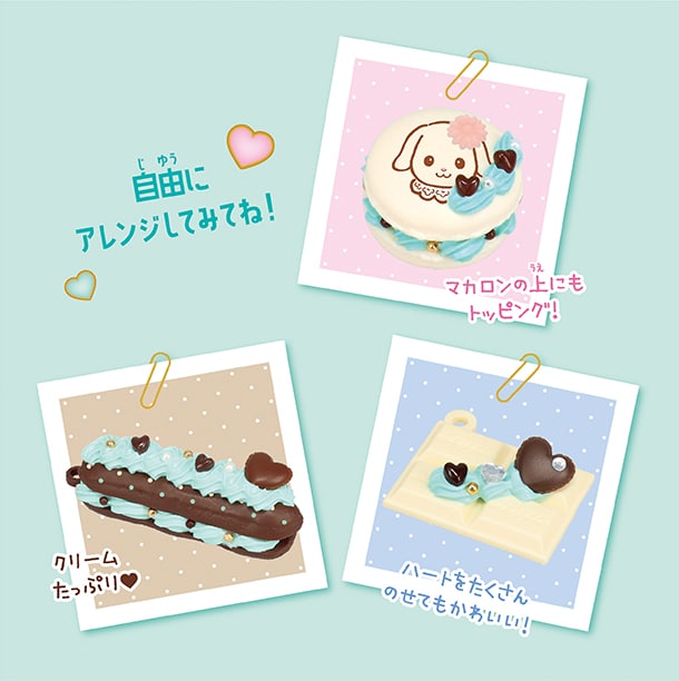マカロンの上にもトッピング！クリームたっぷり！ハートをたくさんのせてもかわいい！自由にアレンジしてみてね！